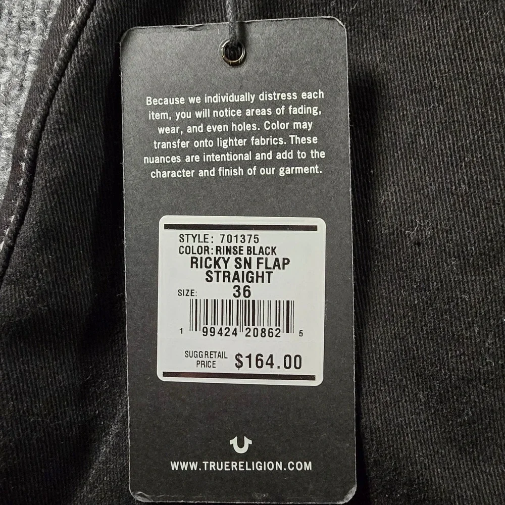 NWT True Religion Ricky Relaxed Straight Jeans Rinse Black Contrast Stitch 36